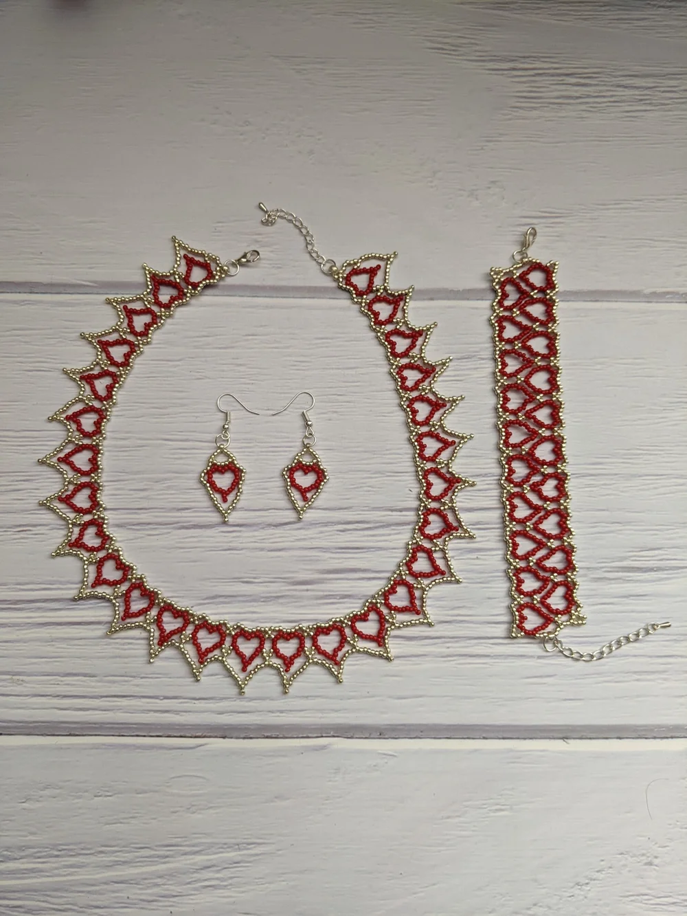 Handmade Red Heart Beaded Jewelry Set - Necklace, Bracelet & Earrings